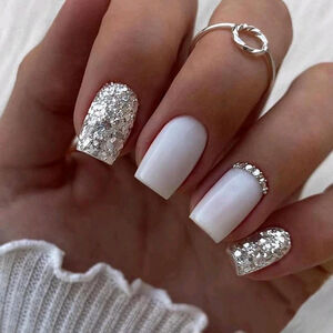 24pcs Clear White Silver Glitter Press On Nails with Rhinestone Decor Set Sh